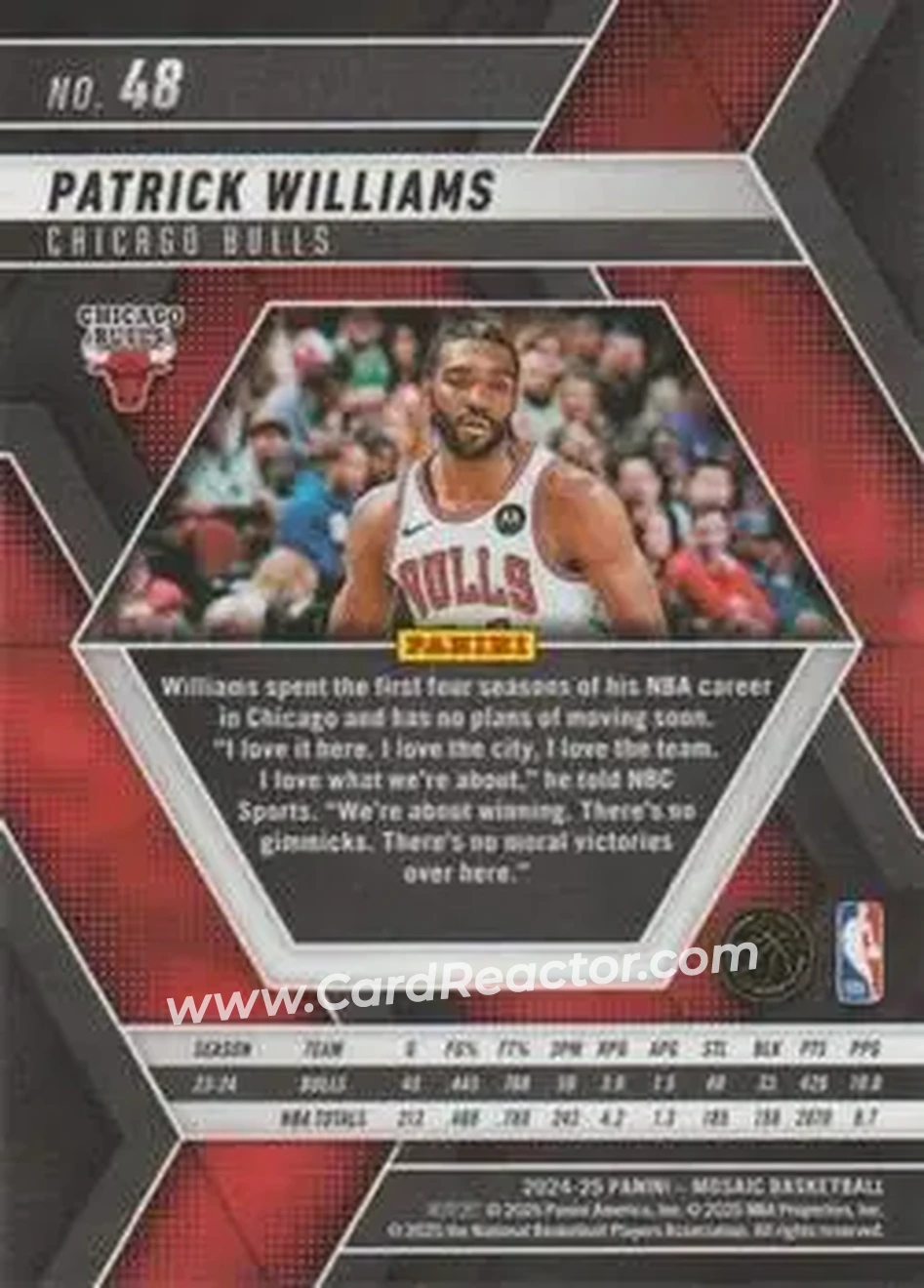 2024-25 Panini Mosaic #48 - Patrick Williams - Chicago Bulls - Back 2024-25 Panini Mosaic #48 - Patrick Williams - Chicago Bulls - Back