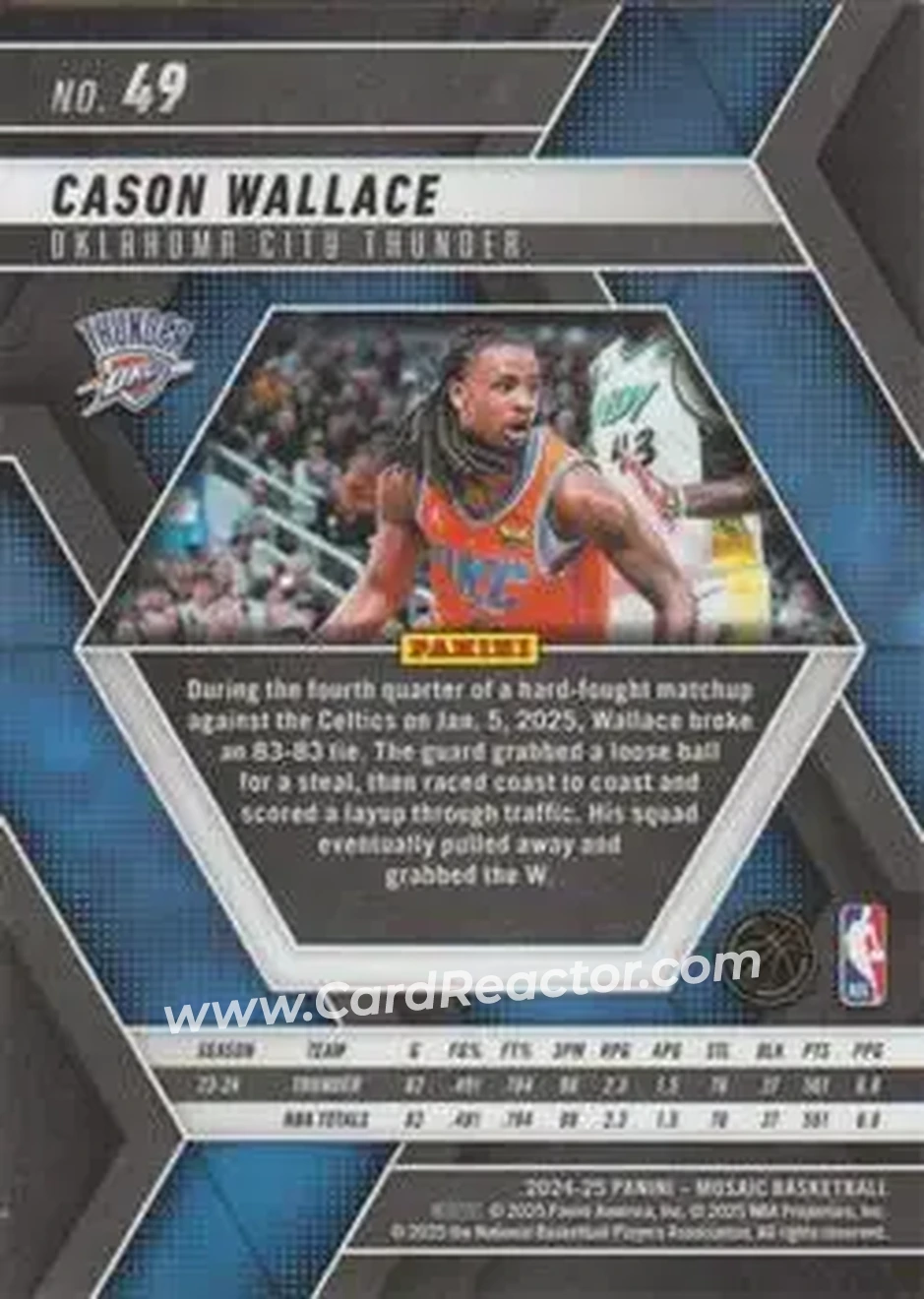 2024-25 Panini Mosaic #49 - Cason Wallace - Oklahoma City Thunder - Back 2024-25 Panini Mosaic #49 - Cason Wallace - Oklahoma City Thunder - Back