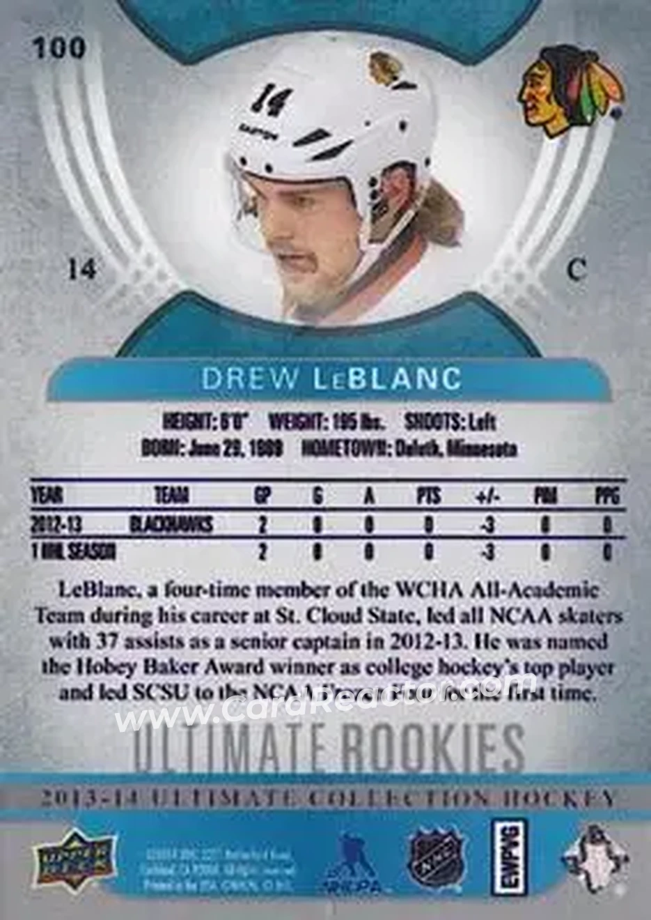 2013-14 Upper Deck Ultimate Collection #100 - Drew LeBlanc - Chicago Blackhawks - Back