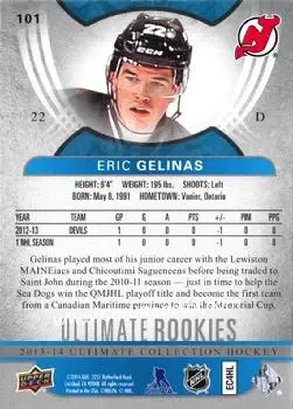 2013-14 Upper Deck Ultimate Collection #101 - Eric Gelinas - New Jersey Devils - Back