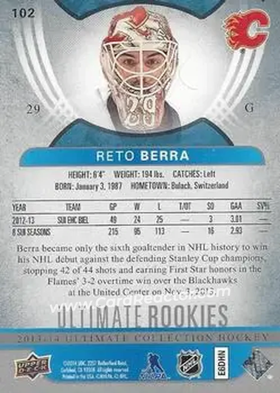 2013-14 Upper Deck Ultimate Collection #102 - Reto Berra - Calgary Flames - Back
