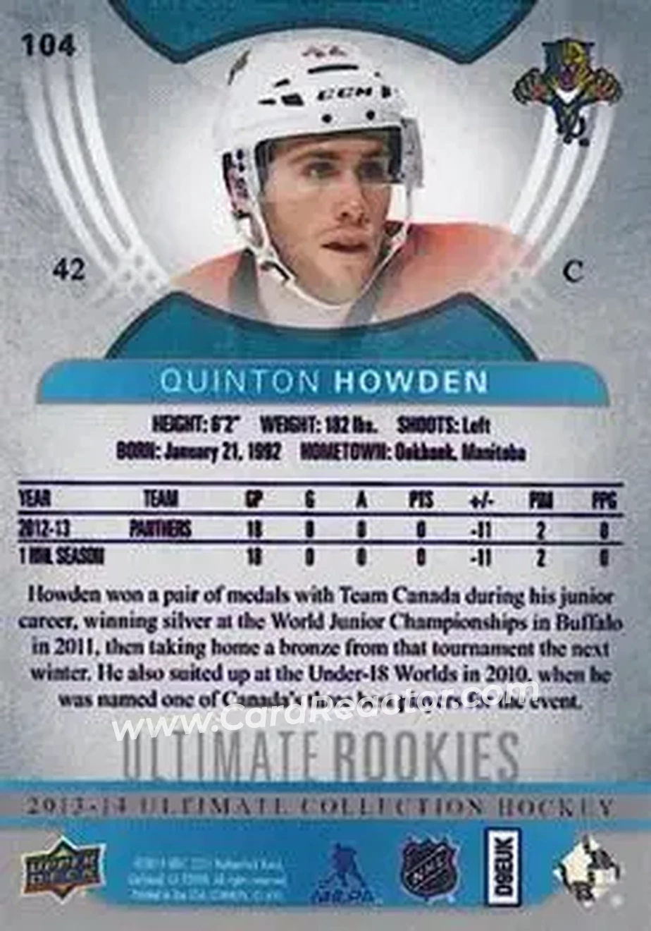 2013-14 Upper Deck Ultimate Collection #104 - Quinton Howden - Florida Panthers - Back