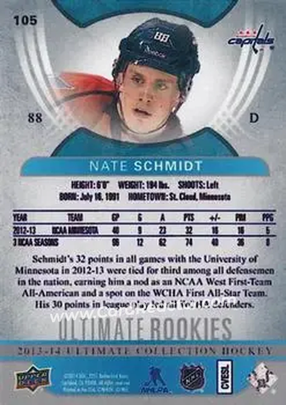 2013-14 Upper Deck Ultimate Collection #105 - Nate Schmidt - Washington Capitals - Back