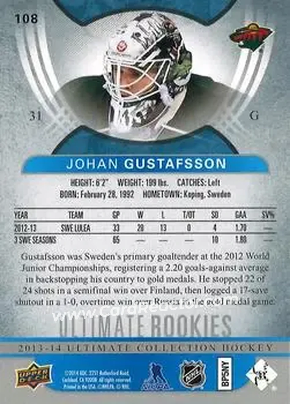 2013-14 Upper Deck Ultimate Collection #108 - Johan Gustafsson - Minnesota Wild - Back 2013-14 Upper Deck Ultimate Collection #108 - Johan Gustafsson - Minnesota Wild - Back