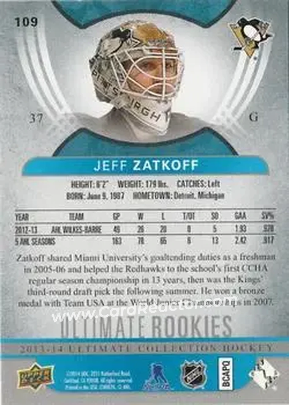 2013-14 Upper Deck Ultimate Collection #109 - Jeff Zatkoff - Pittsburgh Penguins - Back 2013-14 Upper Deck Ultimate Collection #109 - Jeff Zatkoff - Pittsburgh Penguins - Back