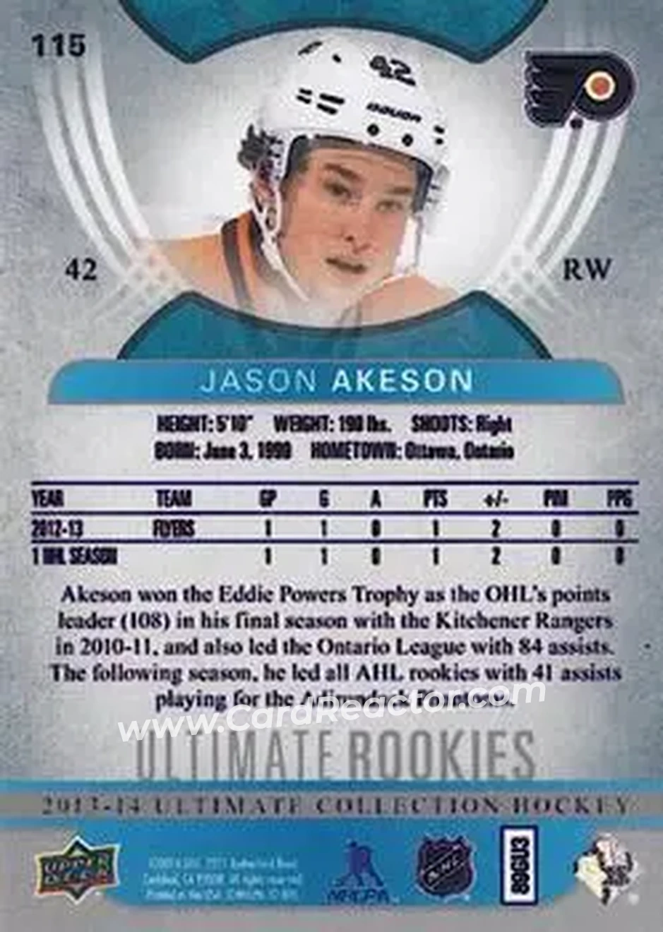 2013-14 Upper Deck Ultimate Collection #115 - Jason Akeson - Philadelphia Flyers - Back 2013-14 Upper Deck Ultimate Collection #115 - Jason Akeson - Philadelphia Flyers - Back