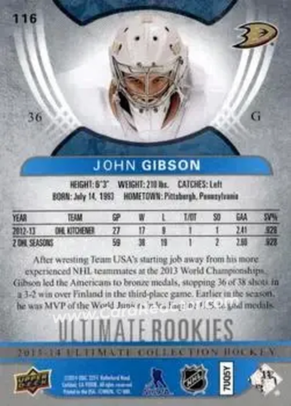 2013-14 Upper Deck Ultimate Collection #116 - John Gibson - Anaheim Ducks - Back