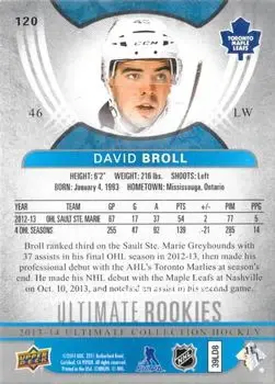 2013-14 Upper Deck Ultimate Collection #120 - David Broll - Toronto Maple Leafs - Back