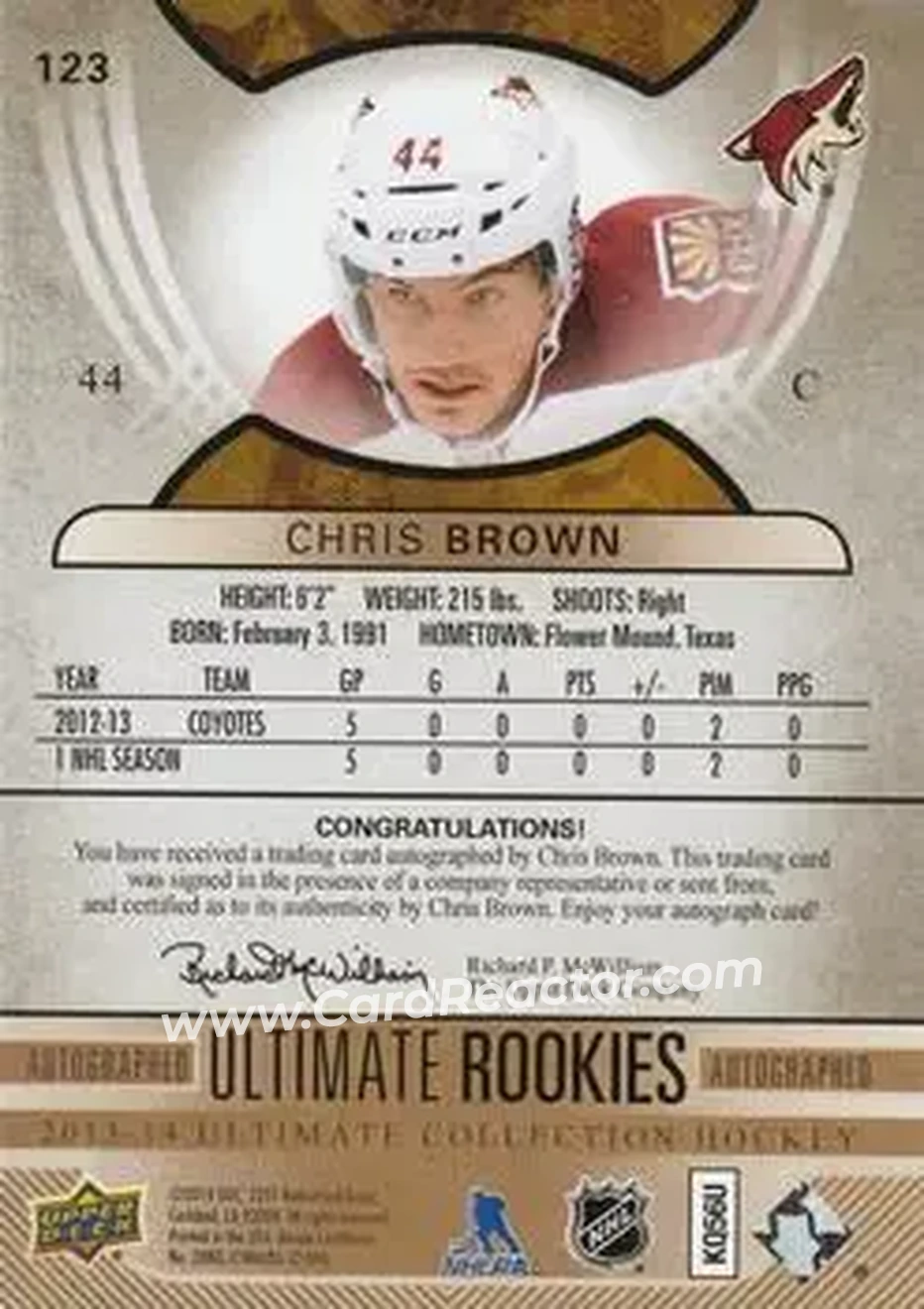 2013-14 Upper Deck Ultimate Collection #123 - Chris Brown - Phoenix Coyotes - Back