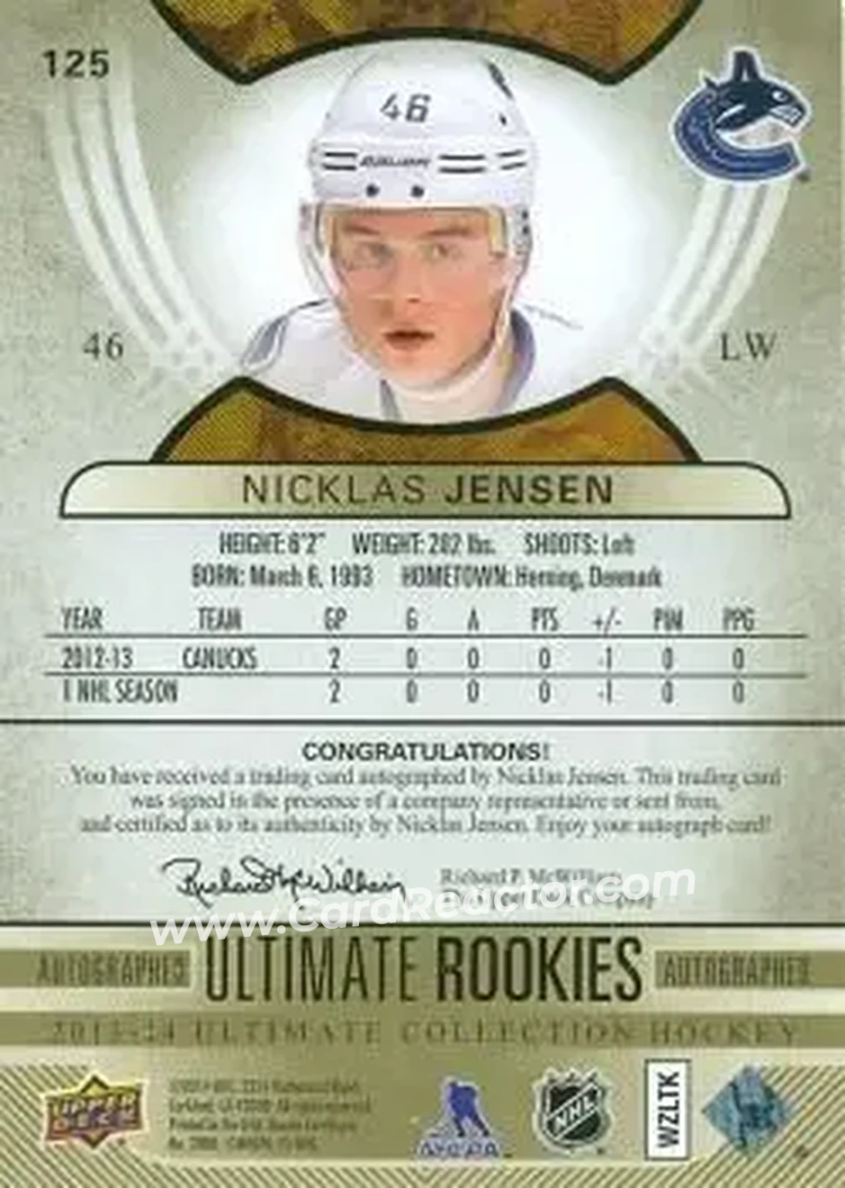 2013-14 Upper Deck Ultimate Collection #125 - Nicklas Jensen - Vancouver Canucks - Back 2013-14 Upper Deck Ultimate Collection #125 - Nicklas Jensen - Vancouver Canucks - Back