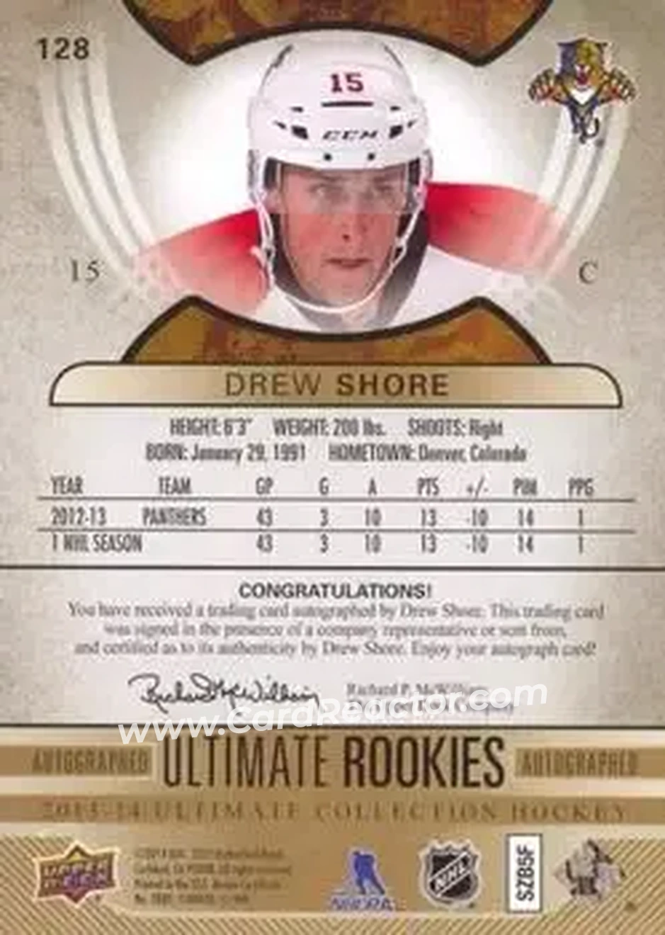 2013-14 Upper Deck Ultimate Collection #128 - Drew Shore - Florida Panthers - Back