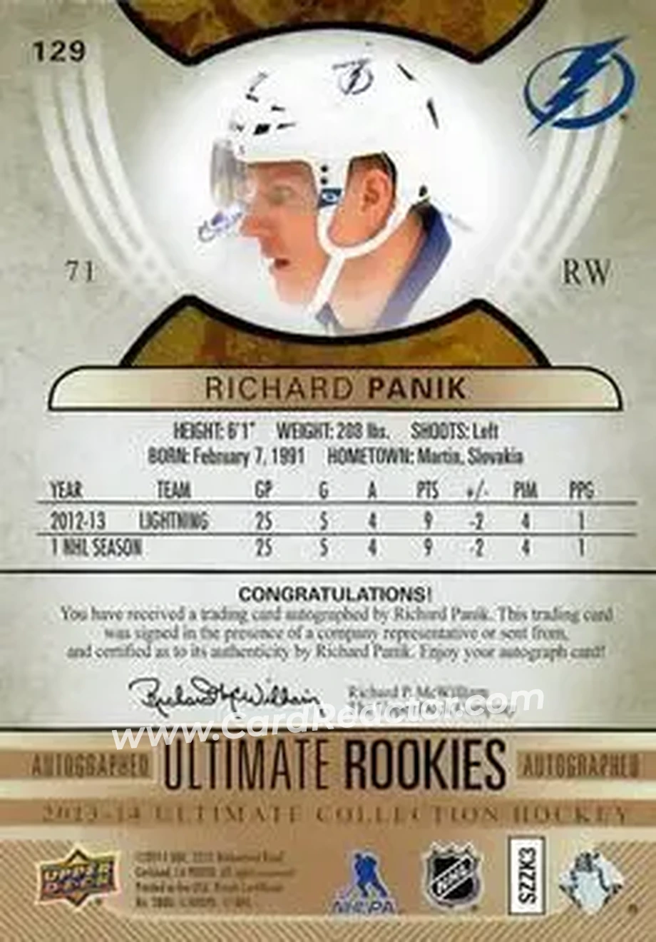 2013-14 Upper Deck Ultimate Collection #129 - Richard Panik - Tampa Bay Lightning - Back