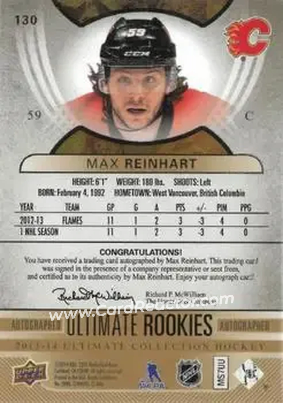 2013-14 Upper Deck Ultimate Collection #130 - Max Reinhart - Calgary Flames - Back