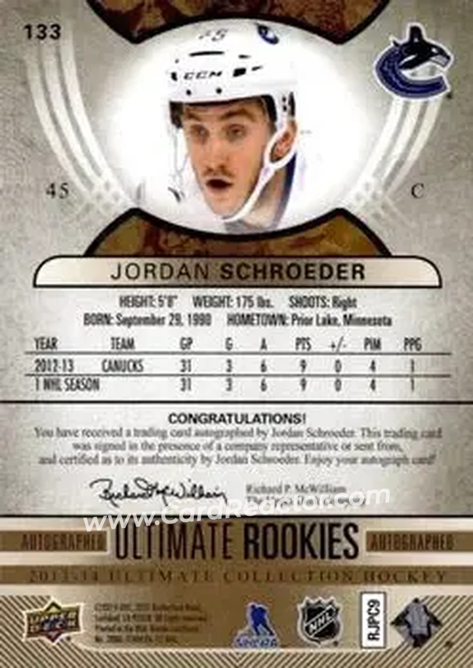 2013-14 Upper Deck Ultimate Collection #133 - Jordan Schroeder - Vancouver Canucks - Back