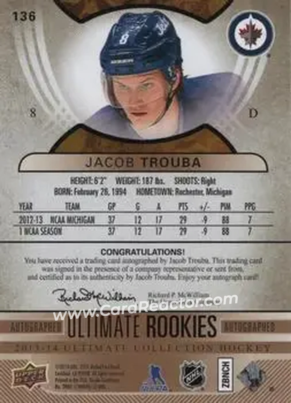 2013-14 Upper Deck Ultimate Collection #136 - Jacob Trouba - Winnipeg Jets - Back