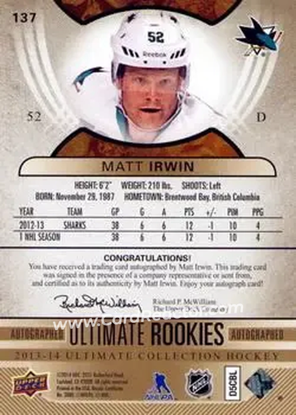 2013-14 Upper Deck Ultimate Collection #137 - Matt Irwin - San Jose Sharks - Back