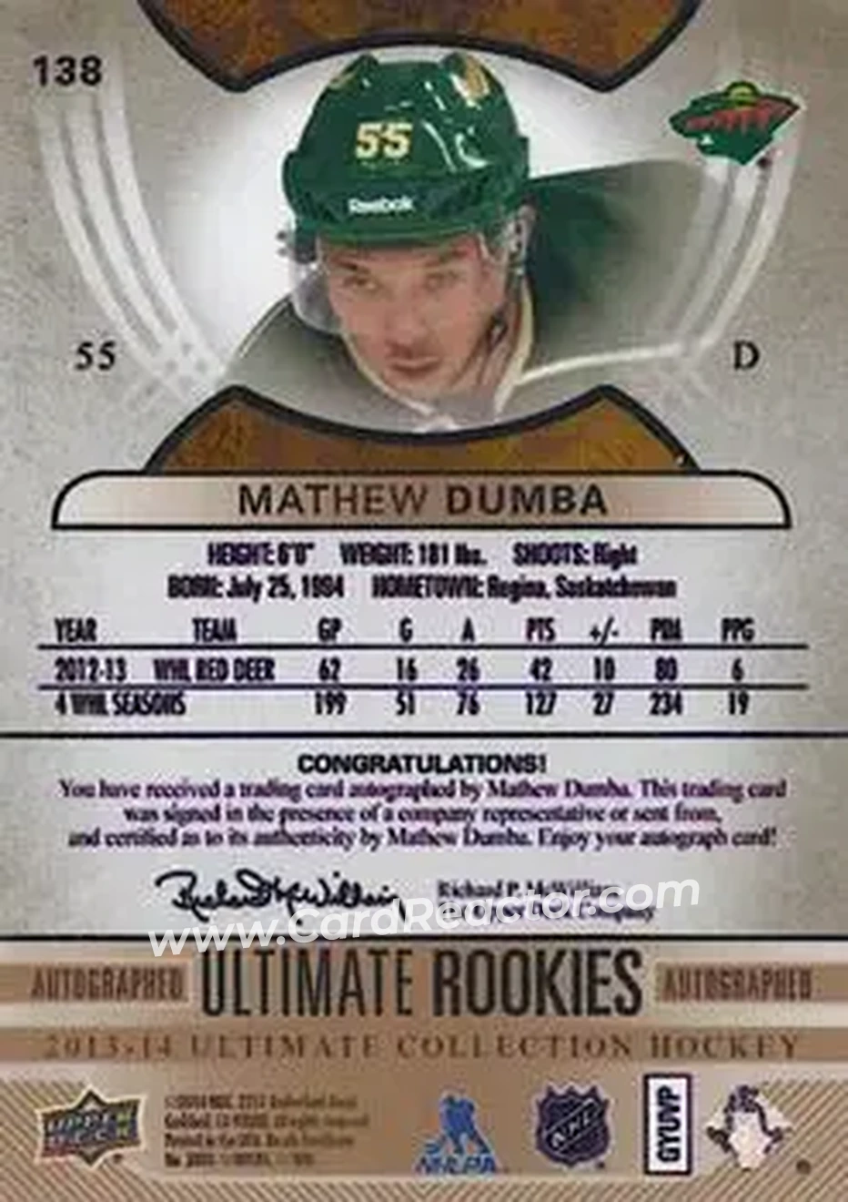2013-14 Upper Deck Ultimate Collection #138 - Matt Dumba - Minnesota Wild - Back