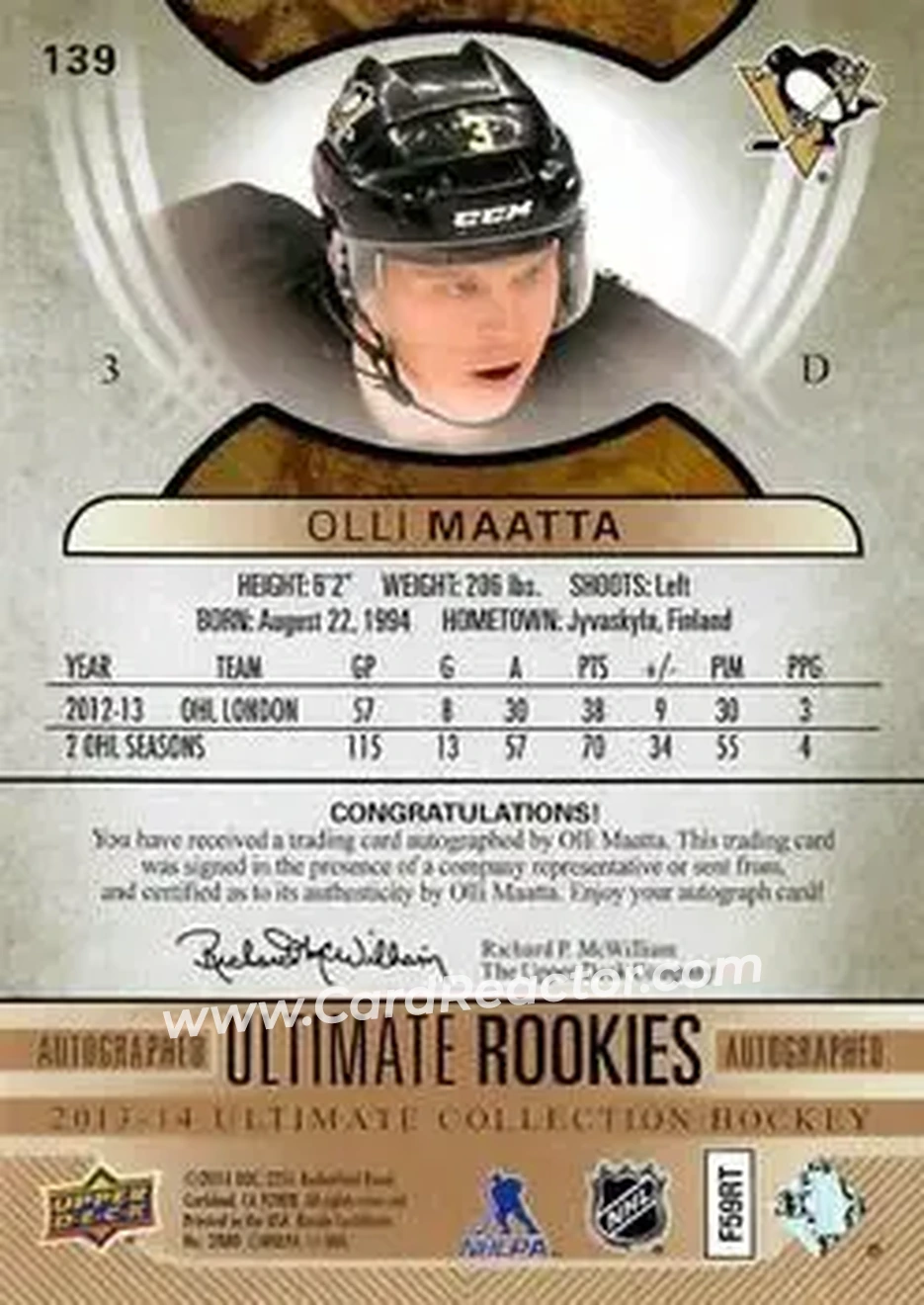 2013-14 Upper Deck Ultimate Collection #139 - Olli Maatta - Pittsburgh Penguins - Back 2013-14 Upper Deck Ultimate Collection #139 - Olli Maatta - Pittsburgh Penguins - Back