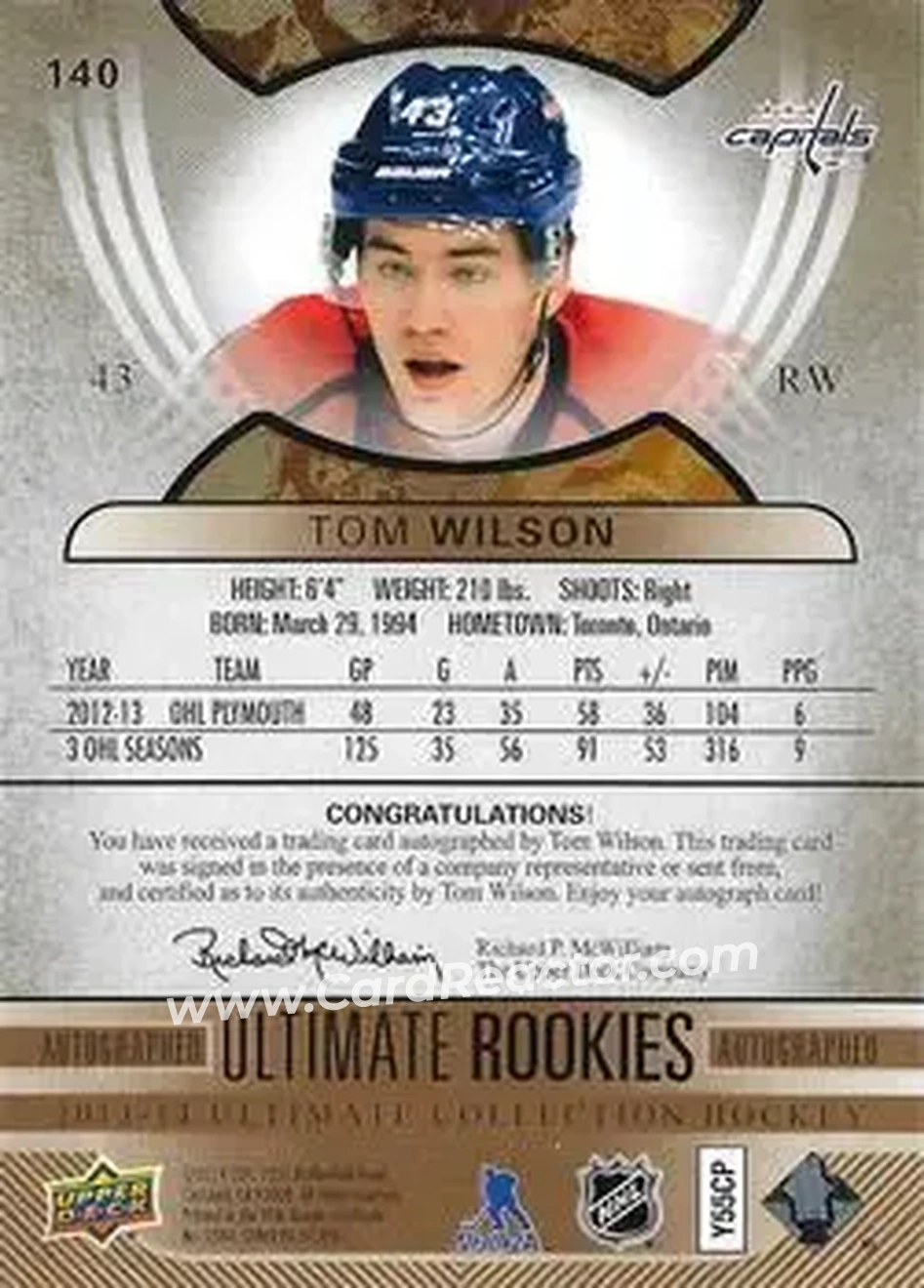 2013-14 Upper Deck Ultimate Collection #140 - Tom Wilson - Washington Capitals - Back