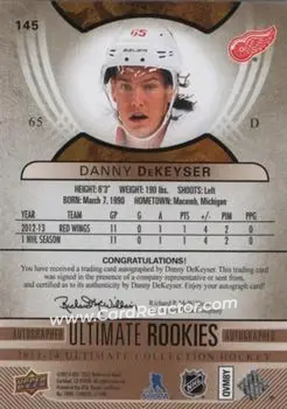 2013-14 Upper Deck Ultimate Collection #145 - Danny DeKeyser - Detroit Red Wings - Back 2013-14 Upper Deck Ultimate Collection #145 - Danny DeKeyser - Detroit Red Wings - Back