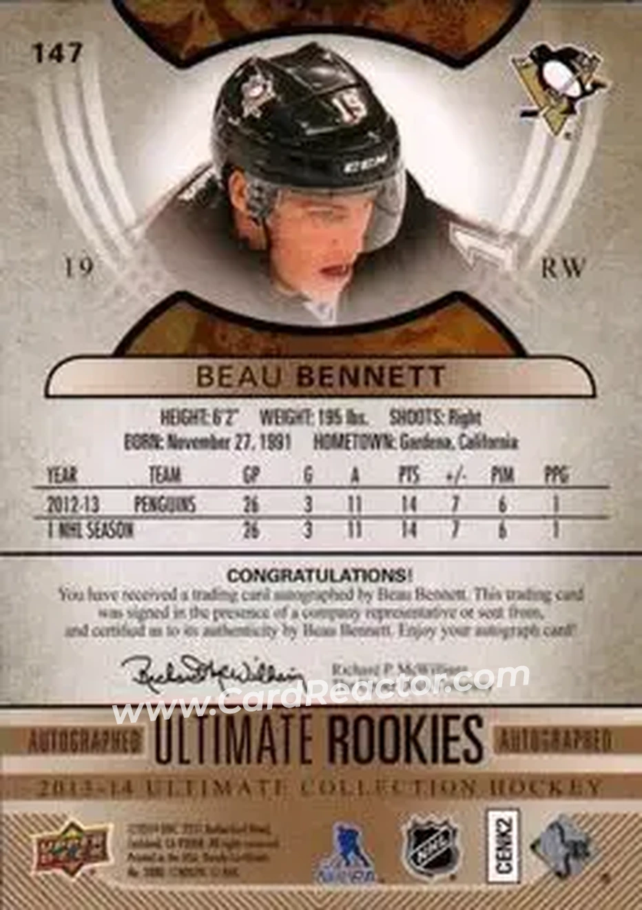 2013-14 Upper Deck Ultimate Collection #147 - Beau Bennett - Pittsburgh Penguins - Back