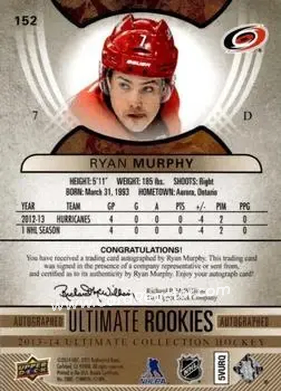 2013-14 Upper Deck Ultimate Collection #152 - Ryan Murphy - Carolina Hurricanes - Back