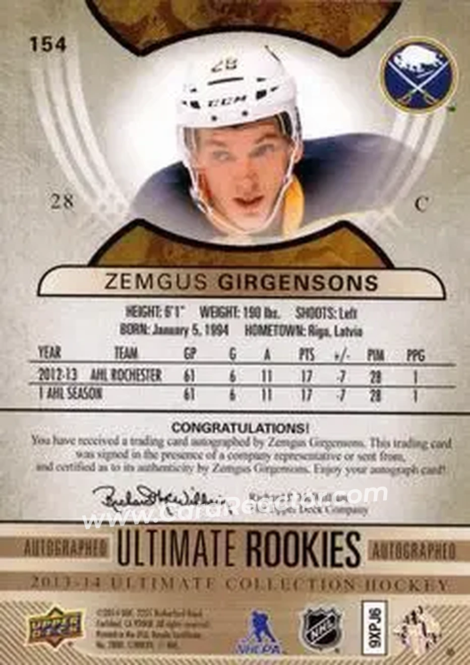 2013-14 Upper Deck Ultimate Collection #154 - Zemgus Girgensons - Buffalo Sabres - Back
