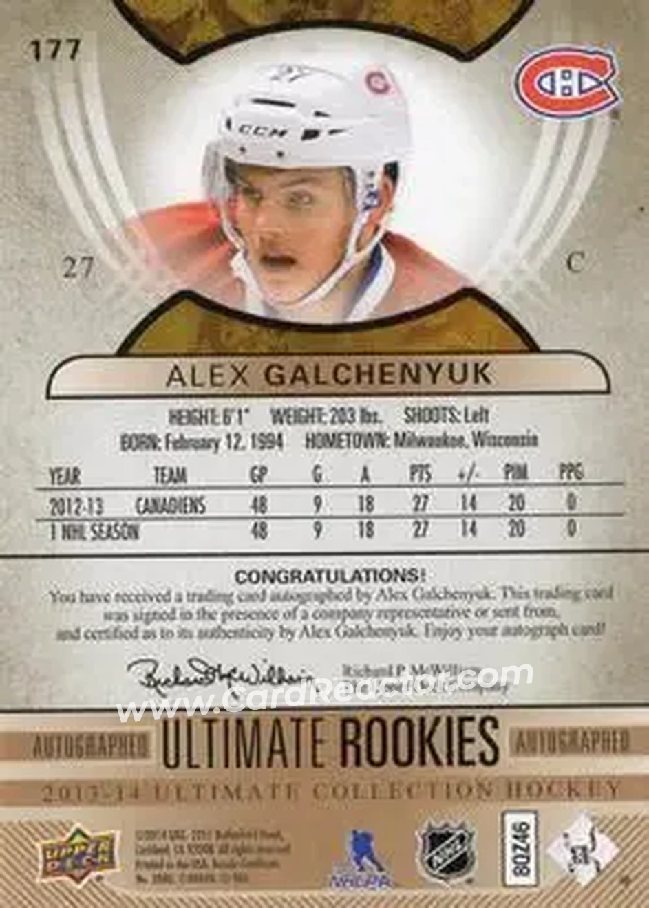 2013-14 Upper Deck Ultimate Collection #177 - Alex Galchenyuk - Montreal Canadiens - Back