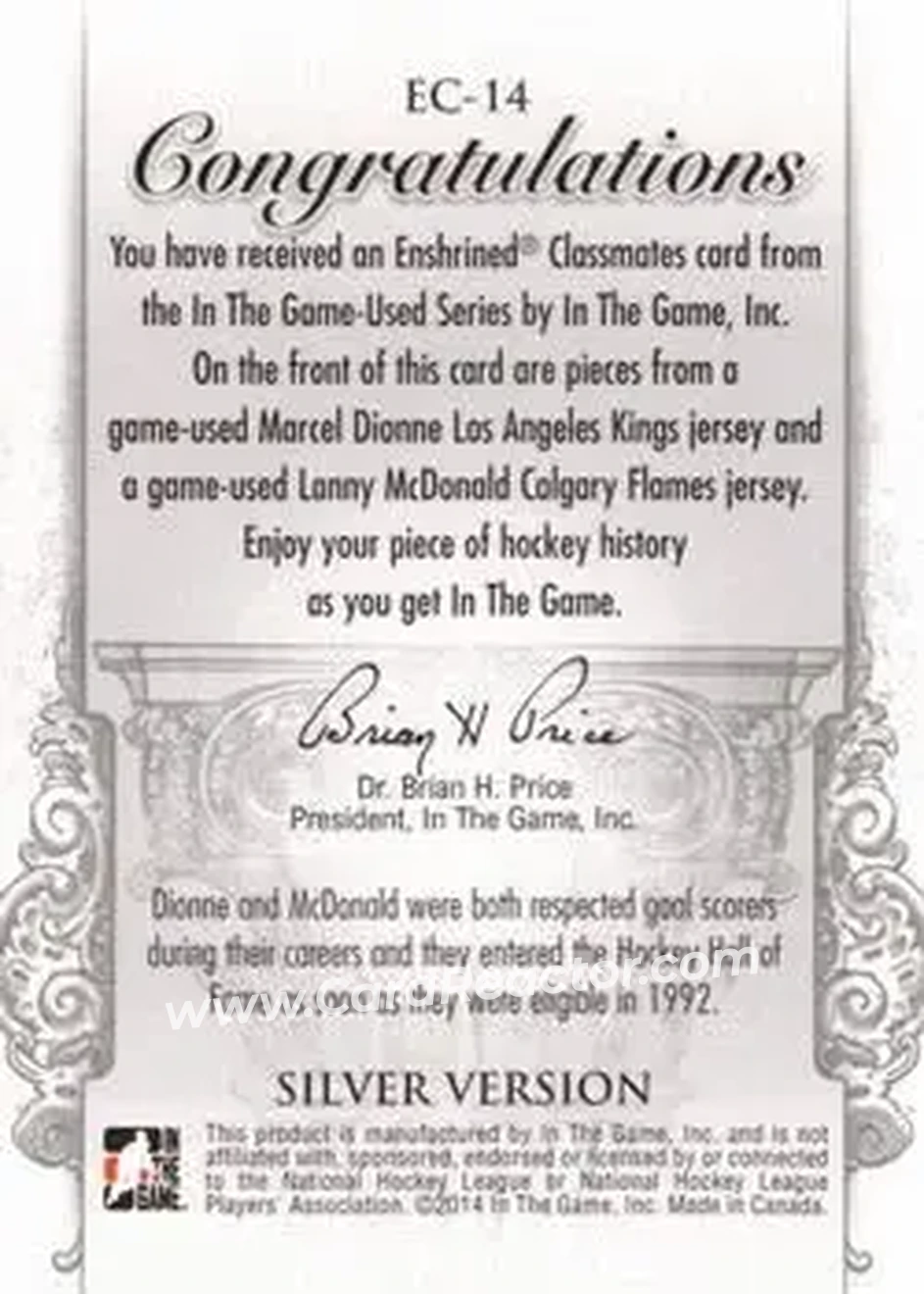 2013-14 In The Game Used - Enshrined Classmates Silver Version #EC-14 - Marcel Dionne - Lanny McDonald MEM, PR50 - Los Angeles Kings - Calgary Flames - Back