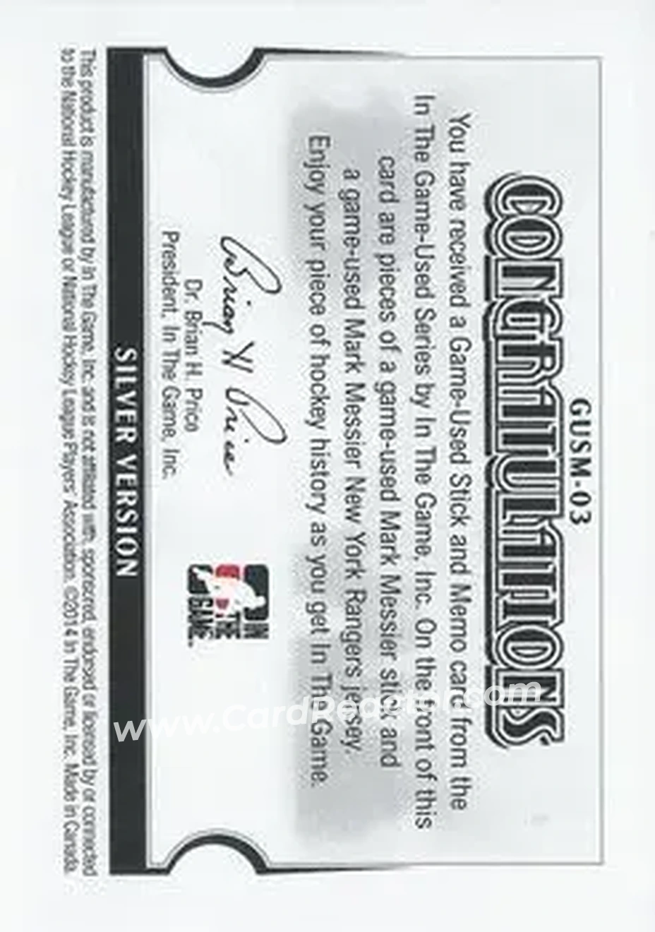 2013-14 In The Game Used - Game Used Stick and Memorabilia Silver Version #GUSM-03 - Mark Messier - New York Rangers - Back