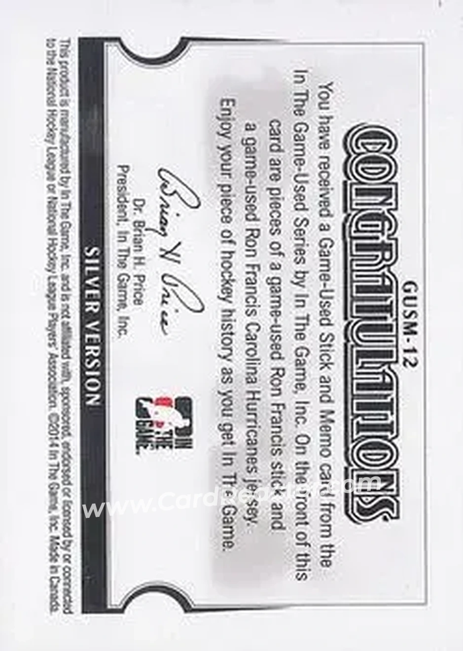 2013-14 In The Game Used - Game Used Stick and Memorabilia Silver Version #GUSM-12 - Ron Francis - Carolina Hurricanes - Back