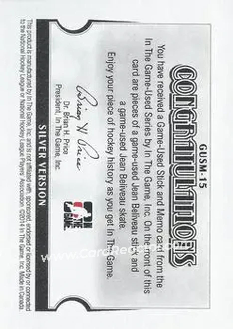 2013-14 In The Game Used - Game Used Stick and Memorabilia Silver Version #GUSM-15 - Jean Beliveau - Montreal Canadiens - Back 2013-14 In The Game Used - Game Used Stick and Memorabilia Silver Version #GUSM-15 - Jean Beliveau - Montreal Canadiens - Back