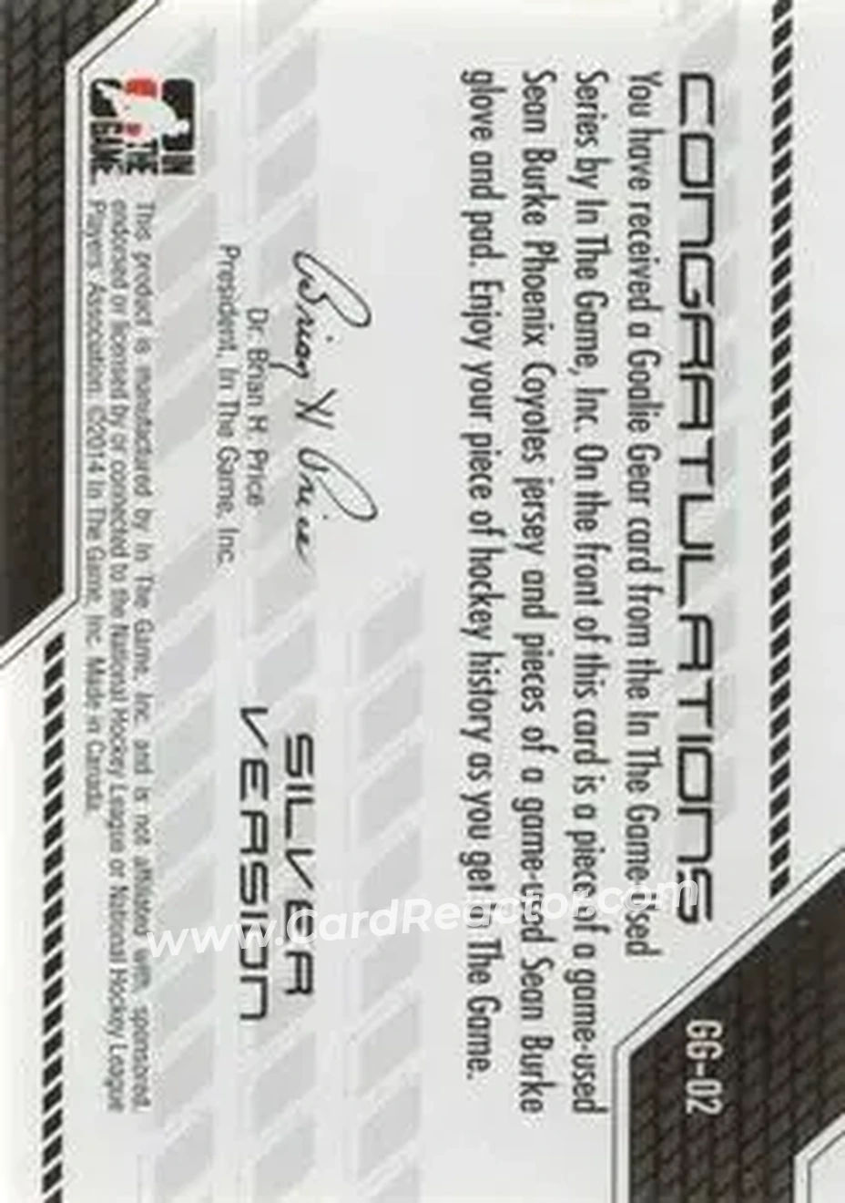 2013-14 In The Game Used - Goalie Gear Silver Version #GG-02 - Sean Burke - Phoenix Coyotes - Back