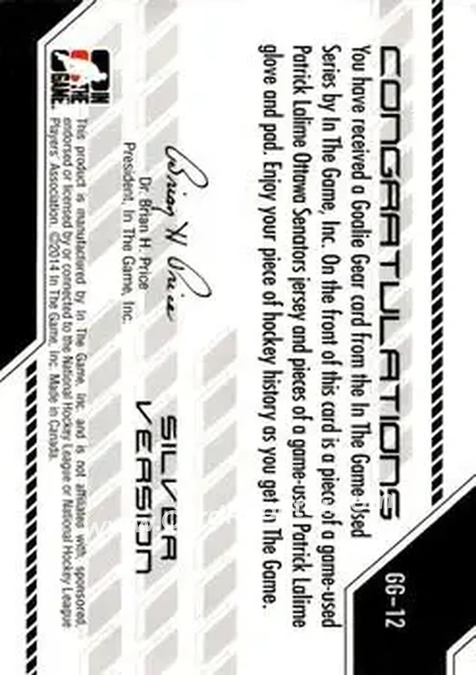 2013-14 In The Game Used - Goalie Gear Silver Version #GG-12 - Patrick Lalime - Ottawa Senators - Back