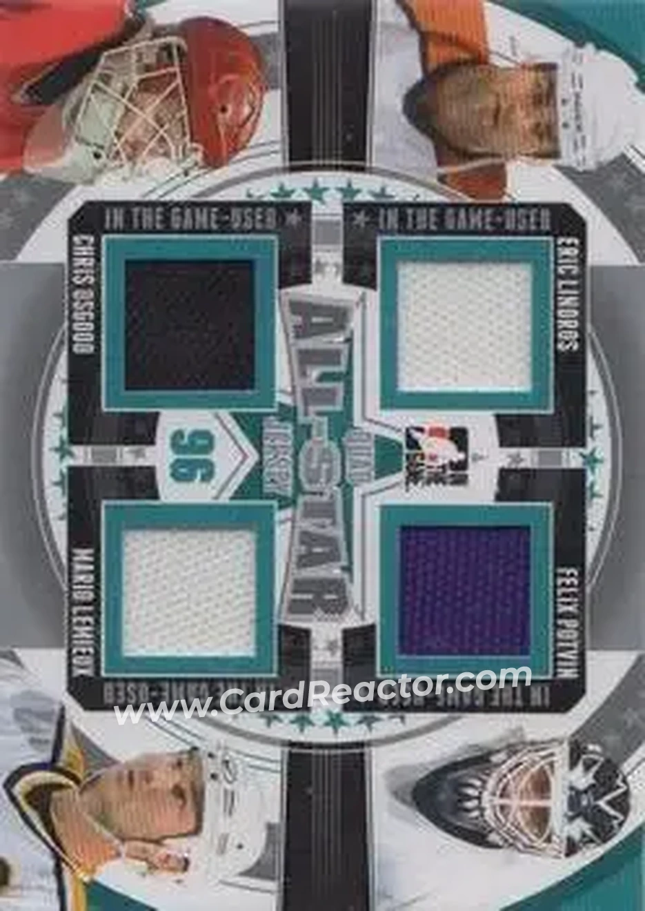 2013-14 In The Game Used - All-Star Jersey Quad Silver Version #ASQJ-03 - Eric Lindros - Felix Potvin - Chris Osgood - Mario Lemieux MEM, PR60 - Philadelphia Flyers - Toronto Maple Leafs - Detroit Red Wings - Pittsburgh Penguins - Front
