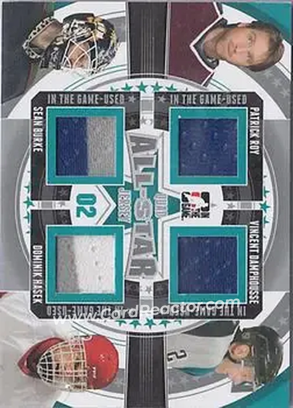 2013-14 In The Game Used - All-Star Jersey Quad Silver Version #ASQJ-10 - Patrick Roy - Vincent Damphousse - Sean Burke - Dominik Hasek MEM, PR60 - Colorado Avalanche - San Jose Sharks - Phoenix Coyotes - Detroit Red Wings - Front