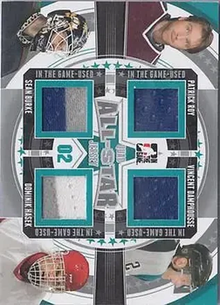 2013-14 In The Game Used #ASQJ-10 All-Star Jersey Quad Silver Version Patrick Roy - Vincent Damphousse - Sean Burke - Dominik Hasek MEM, PR60 - Colorado Avalanche - San Jose Sharks - Phoenix Coyotes - Detroit Red Wings