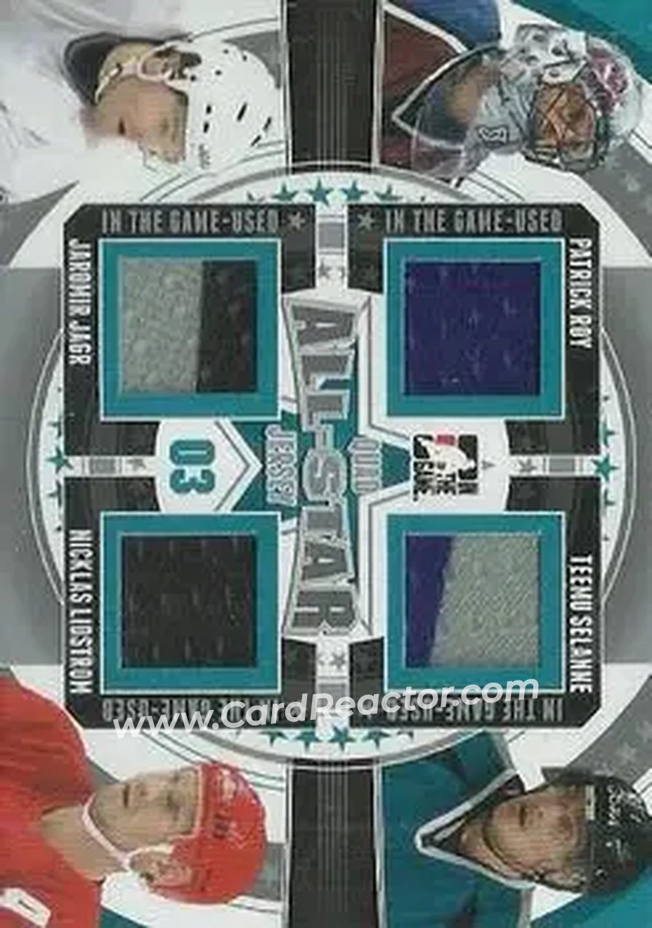 2013-14 In The Game Used - All-Star Jersey Quad Silver Version #ASQJ-12 - Patrick Roy - Teemu Selanne - Jaromir Jagr - Nicklas Lidstrom MEM, PR60 - Colorado Avalanche - San Jose Sharks - Washington Capitals - Detroit Red Wings - Front