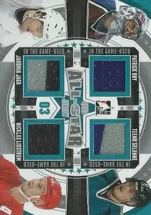 2013-14 In The Game Used #ASQJ-12 All-Star Jersey Quad Silver Version Patrick Roy - Teemu Selanne - Jaromir Jagr - Nicklas Lidstrom MEM, PR60 - Colorado Avalanche - San Jose Sharks - Washington Capitals - Detroit Red Wings