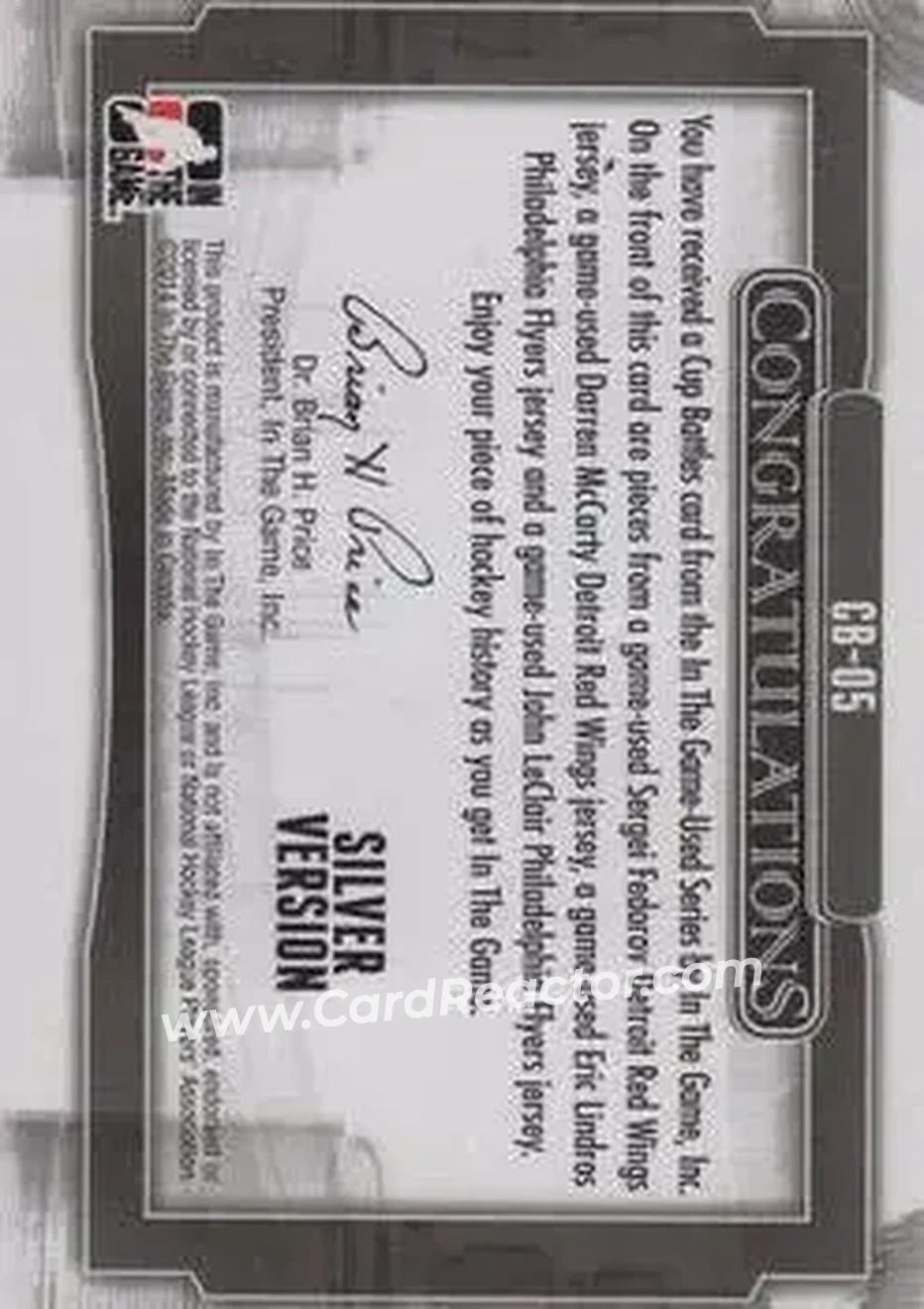 2013-14 In The Game Used - Cup Battles Silver #CB-05 - Sergei Fedorov - Darren McCarty - Eric Lindros - John LeClair MEM, PR50 - Detroit Red Wings - Philadelphia Flyers - Back
