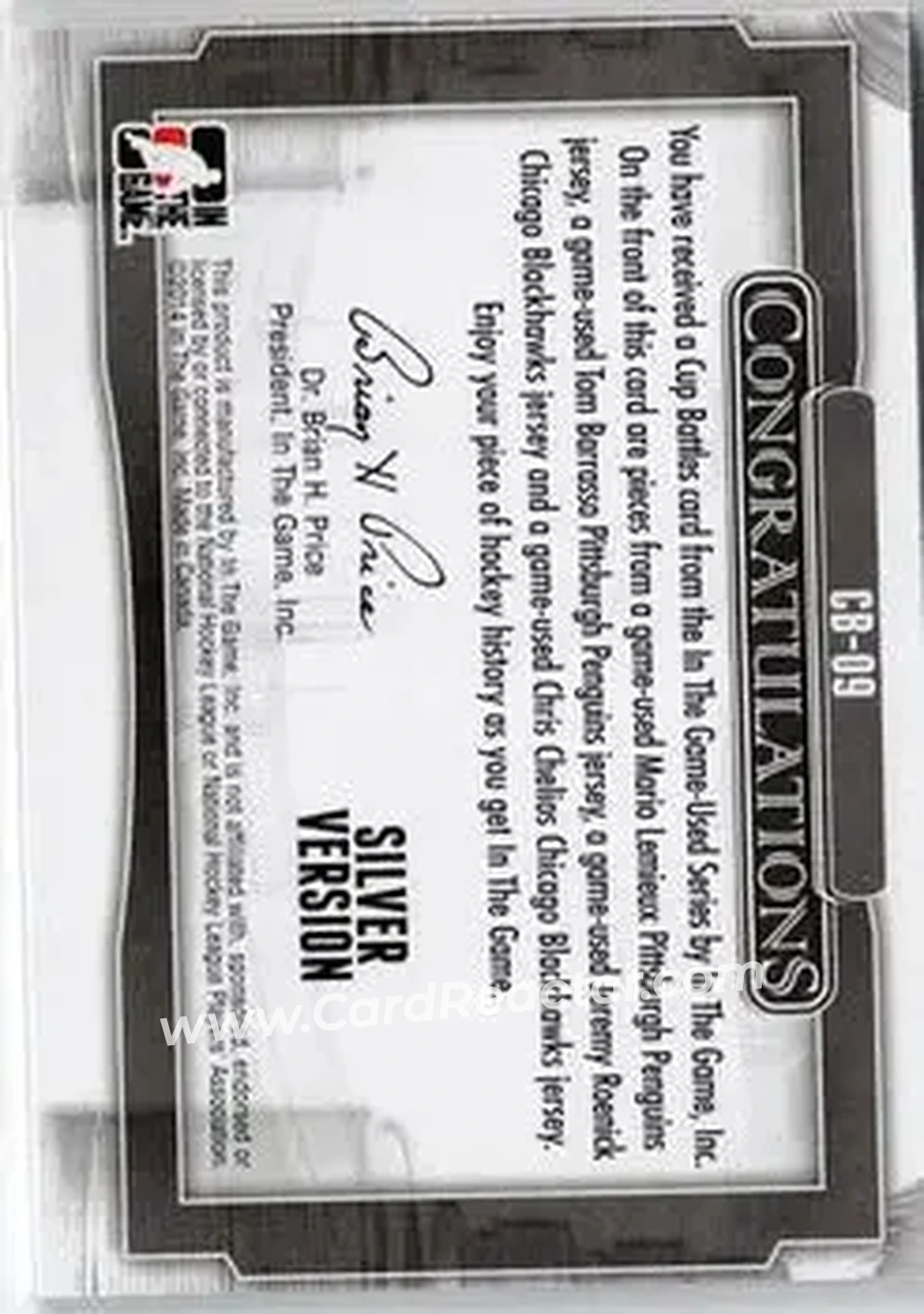 2013-14 In The Game Used - Cup Battles Silver #CB-09 - Mario Lemieux - Tom Barrasso - Jeremy Roenick - Chris Chelios MEM, PR50 - Pittsburgh Penguins - Chicago Blackhawks - Back