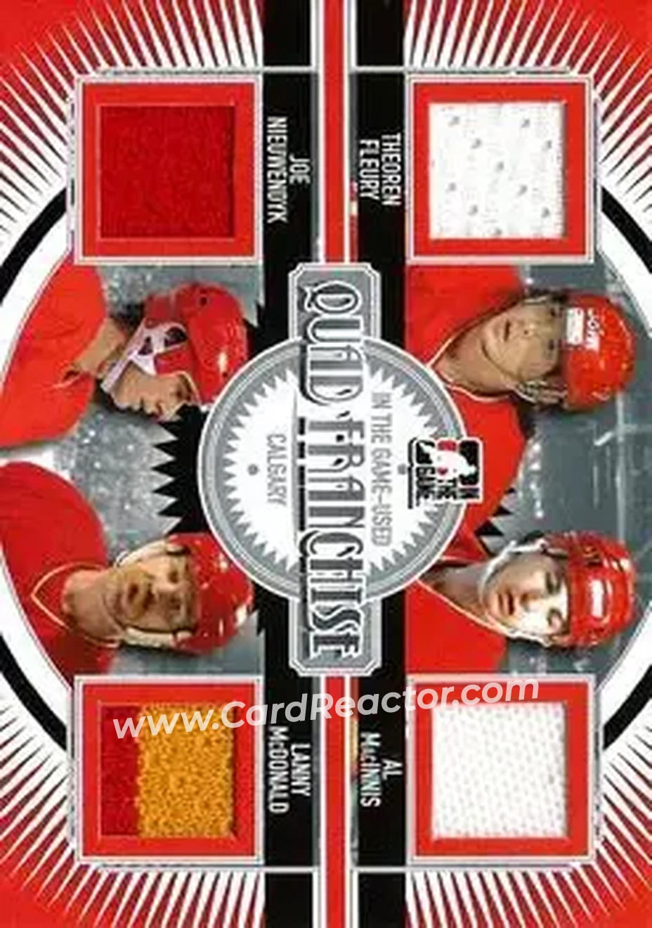 2013-14 In The Game Used - Quad Franchise Silver Version #QF-08 - Theoren Fleury - Al MacInnis - Joe Nieuwendyk - Lanny McDonald MEM, PR60 - Calgary Flames - Calgary Flames - Front