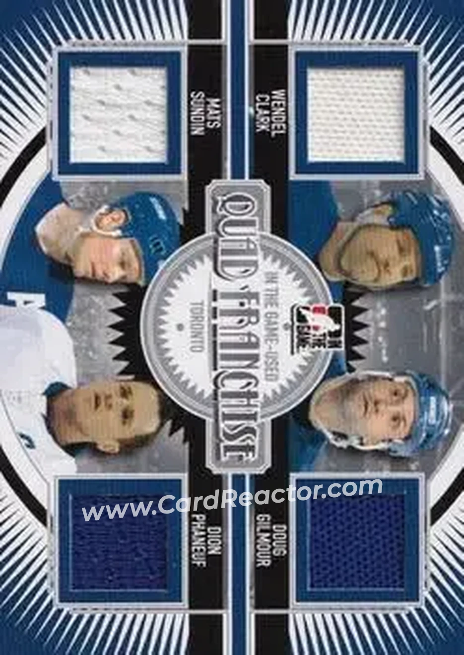 2013-14 In The Game Used - Quad Franchise Silver Version #QF-09 - Wendel Clark - Doug Gilmour - Mats Sundin - Dion Phaneuf MEM, PR60 - Toronto Maple Leafs - Toronto Maple Leafs - Front 2013-14 In The Game Used - Quad Franchise Silver Version #QF-09 - Wendel Clark - Doug Gilmour - Mats Sundin - Dion Phaneuf MEM, PR60 - Toronto Maple Leafs - Toronto Maple Leafs - Front