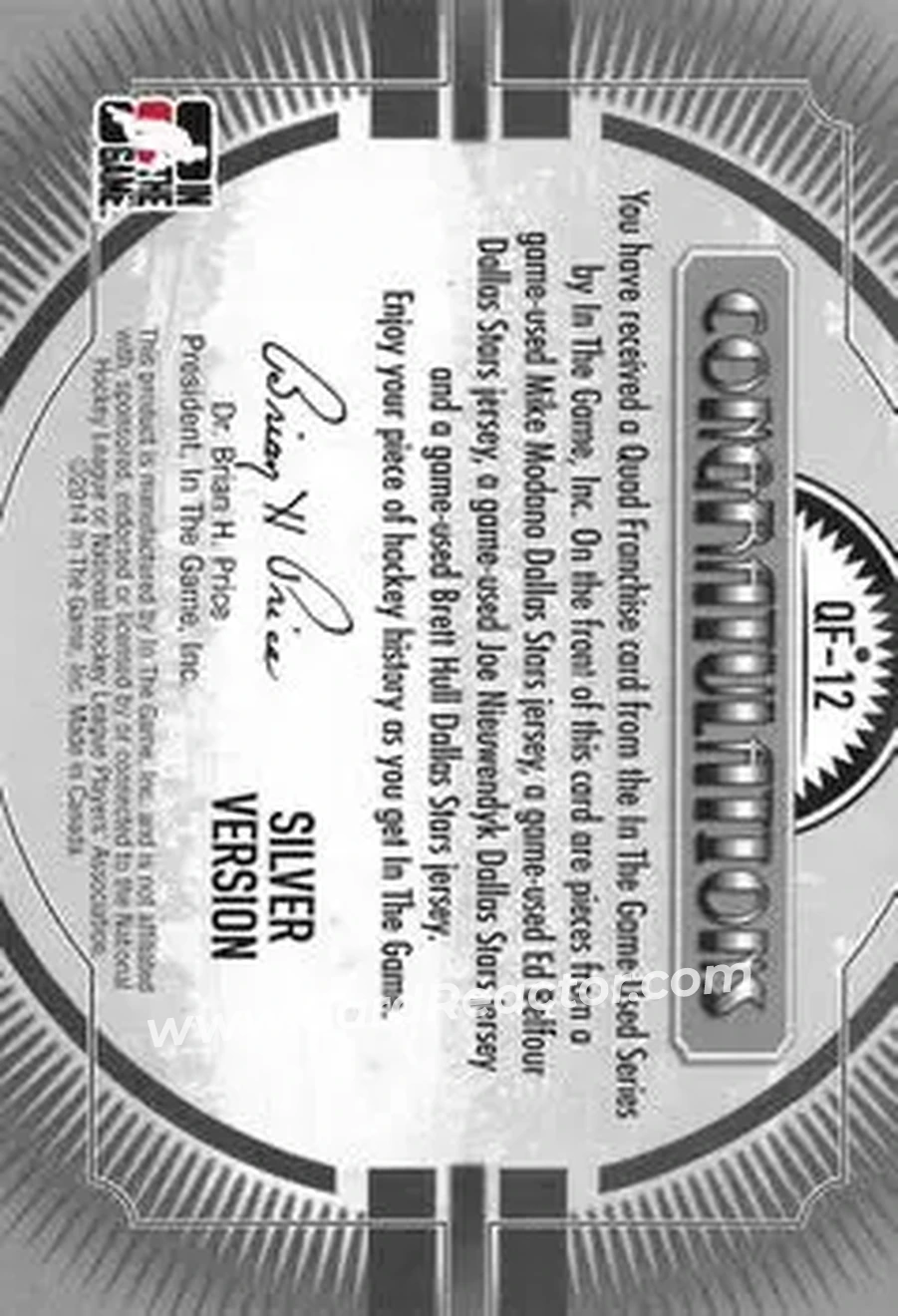 2013-14 In The Game Used - Quad Franchise Silver Version #QF-12 - Mike Modano - Ed Belfour - Joe Nieuwendyk - Brett Hull MEM, PR60 - Dallas Stars - Dallas Stars - Back 2013-14 In The Game Used - Quad Franchise Silver Version #QF-12 - Mike Modano - Ed Belfour - Joe Nieuwendyk - Brett Hull MEM, PR60 - Dallas Stars - Dallas Stars - Back