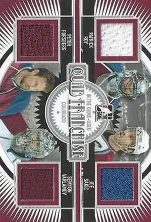 2013-14 In The Game Used - Quad Franchise Silver Version #QF-14 - Patrick Roy - Joe Sakic - Peter Forsberg - Semyon Varlamov MEM, PR60 - Colorado Avalanche - Colorado Avalanche