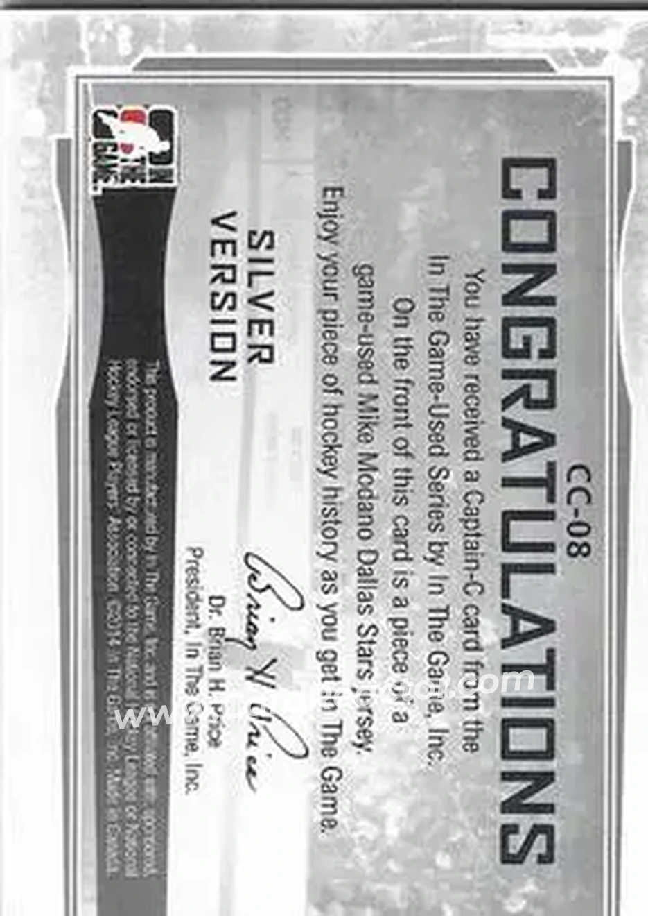 2013-14 In The Game Used - Captain C Silver #CC-08 - Mike Modano - Dallas Stars - Back