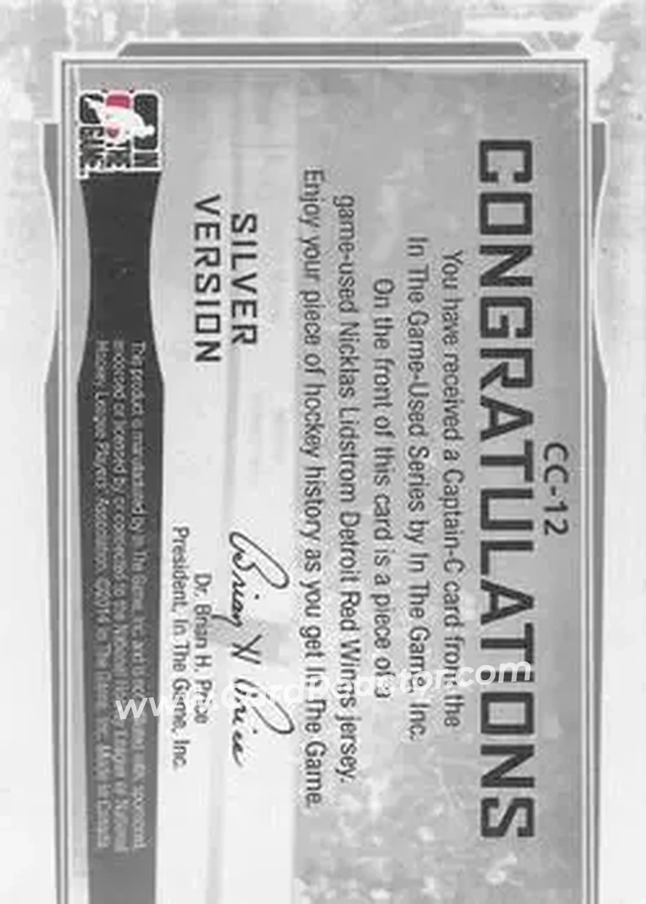 2013-14 In The Game Used - Captain C Silver #CC-12 - Nicklas Lidstrom - Detroit Red Wings - Back