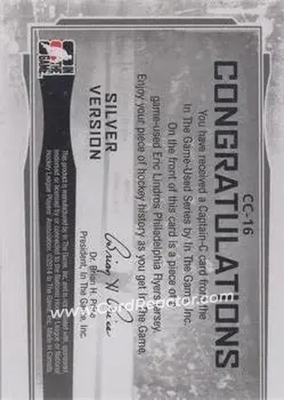 2013-14 In The Game Used - Captain C Silver #CC-16 - Eric Lindros - Philadelphia Flyers - Back