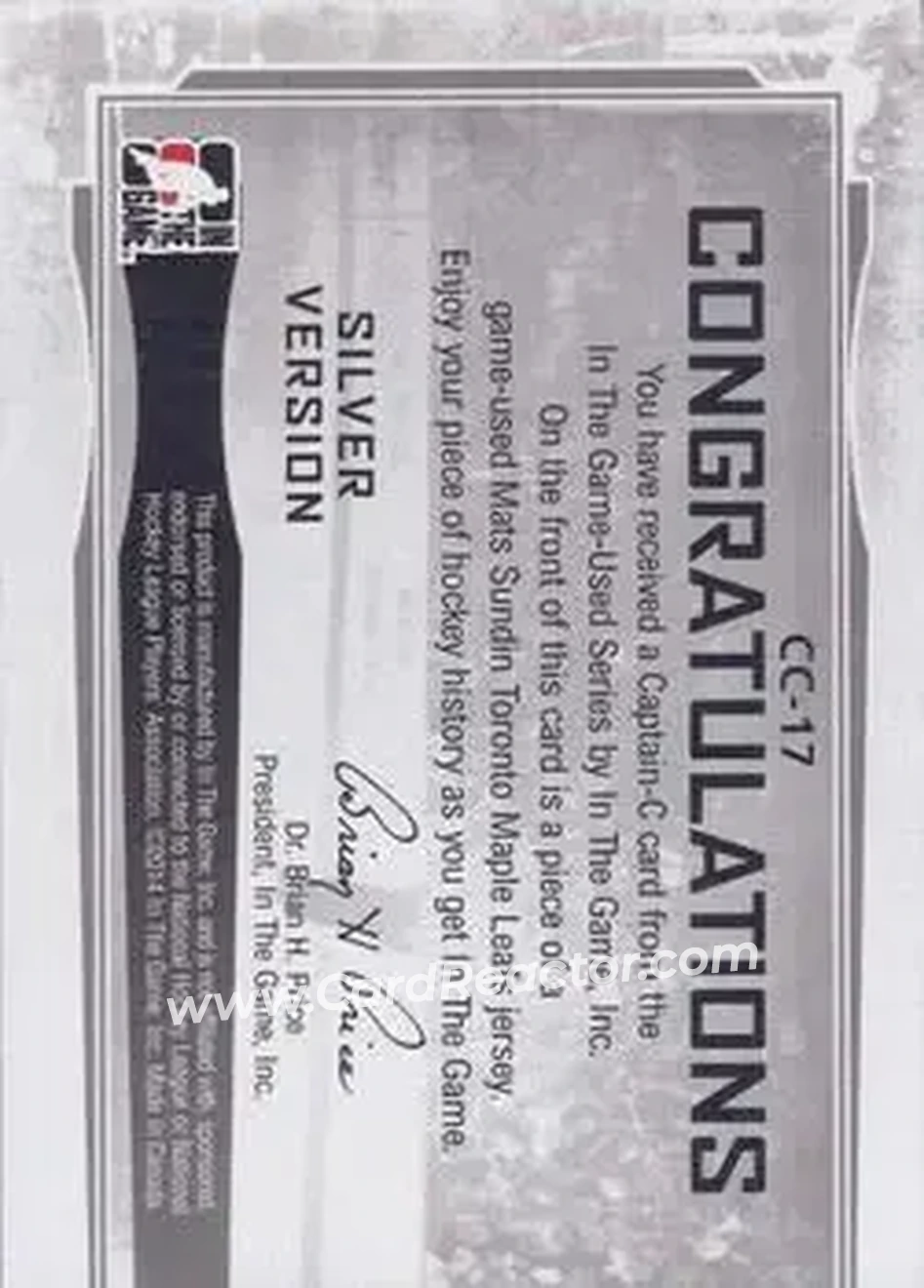 2013-14 In The Game Used - Captain C Silver #CC-17 - Mats Sundin - Toronto Maple Leafs - Back