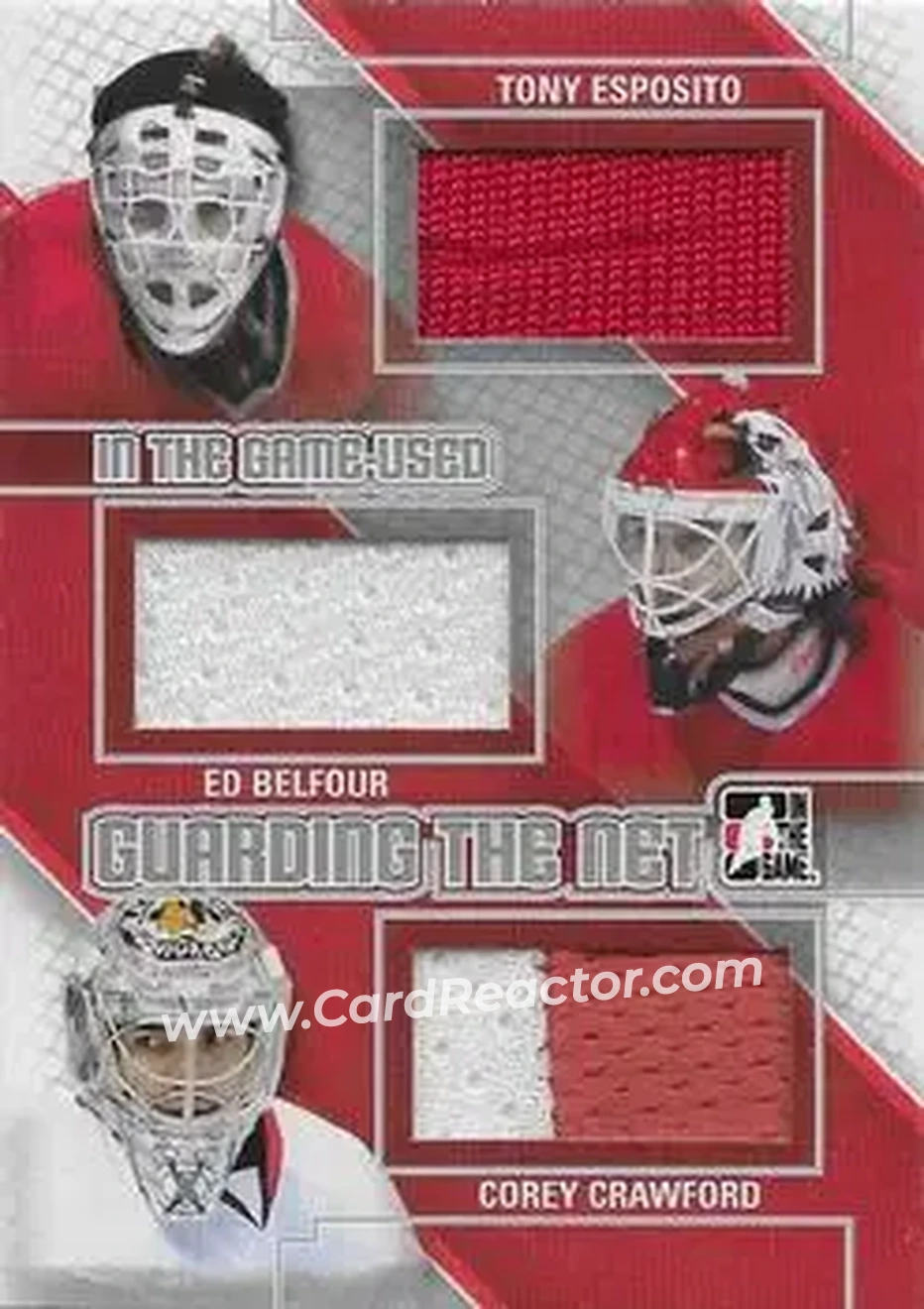 2013-14 In The Game Used - Guarding the Net Triple Jerseys Silver #GTN-03 - Tony Esposito - Ed Belfour - Corey Crawford MEM, PR60 - Chicago Blackhawks - Chicago Blackhawks - Front 2013-14 In The Game Used - Guarding the Net Triple Jerseys Silver #GTN-03 - Tony Esposito - Ed Belfour - Corey Crawford MEM, PR60 - Chicago Blackhawks - Chicago Blackhawks - Front